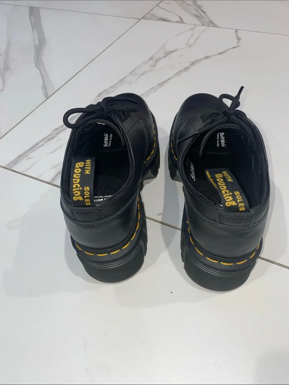 Dr. Martens Black Leather Chunky Platform Lace-Up Shoes with Yellow Stitching